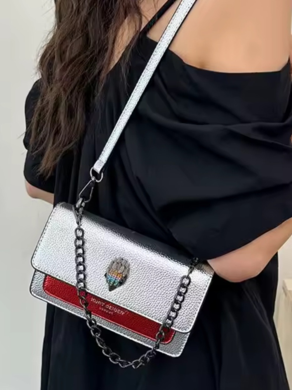 Kurt Geiger Silver and Red Crossbody Bag with Chain Detail